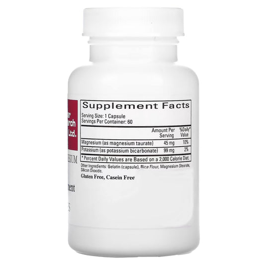 Cardiovascular Research Magnesium-Potassium Taurate label highlights patent-pending formula.