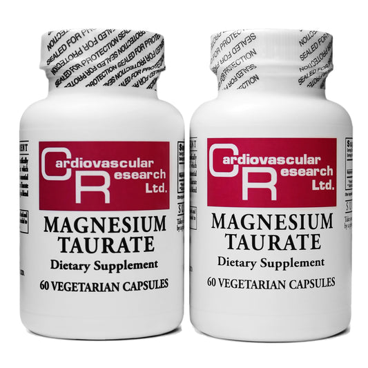 Cardiovascular Research Magnesium Taurate 125 mg bottle front, supports daily relaxation and hydration.