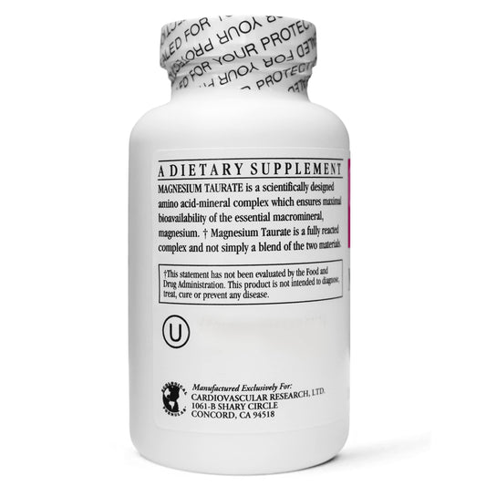 Cardiovascular Research Magnesium Taurate bottle side label highlights vegetarian capsules