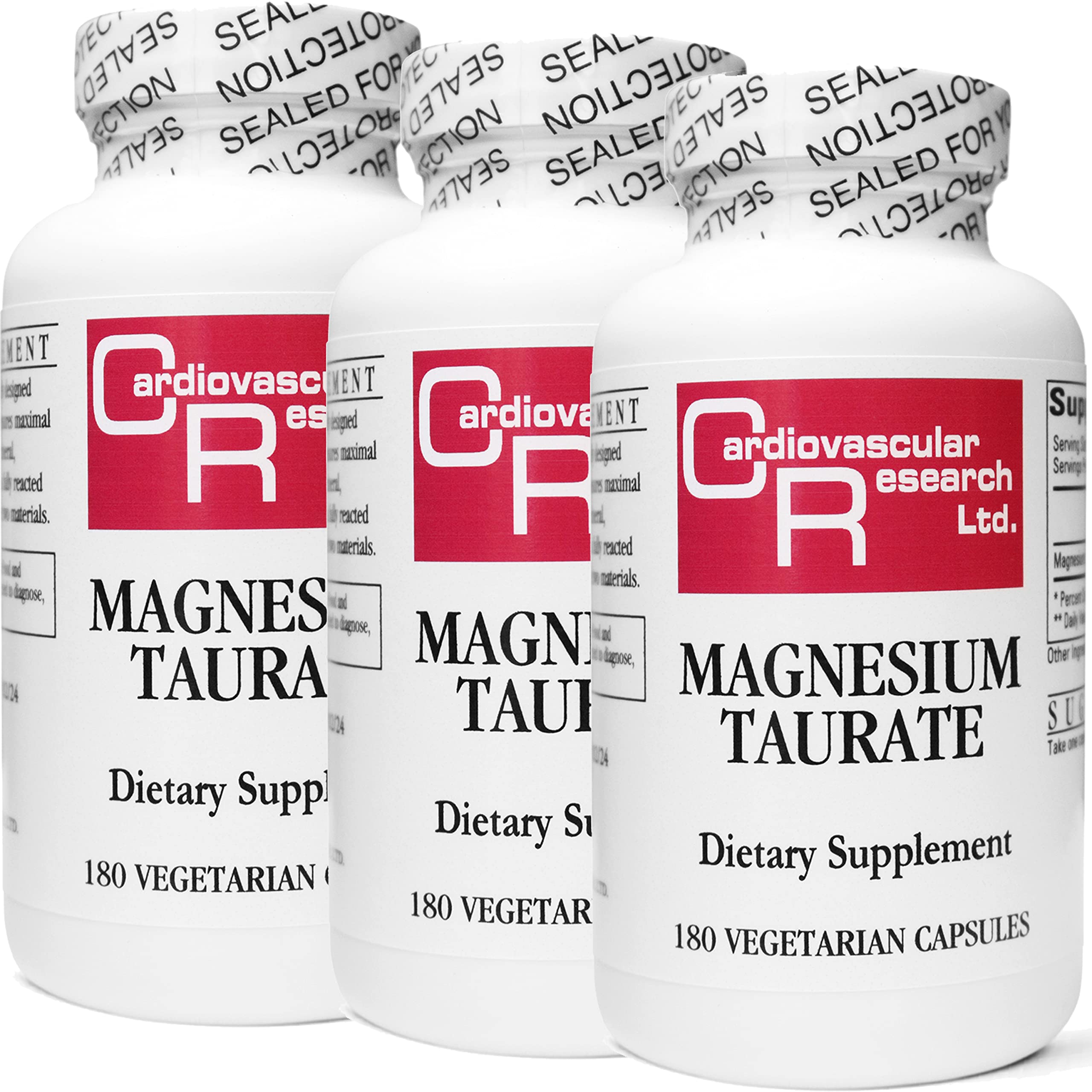 Cardiovascular Research magnesium taurate bottle front view with 540 vegetarian capsules for daily use.