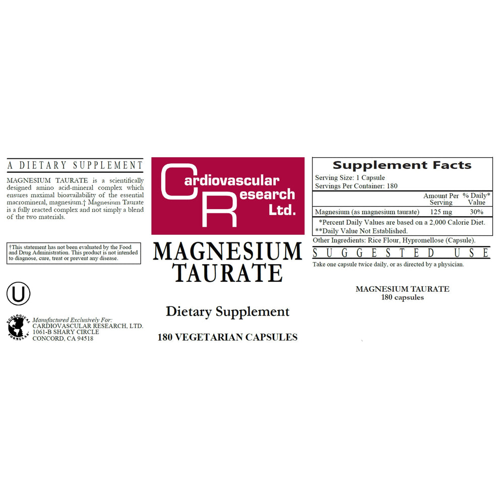 Cardiovascular Research magnesium taurate label displays dosage and key benefits clearly.