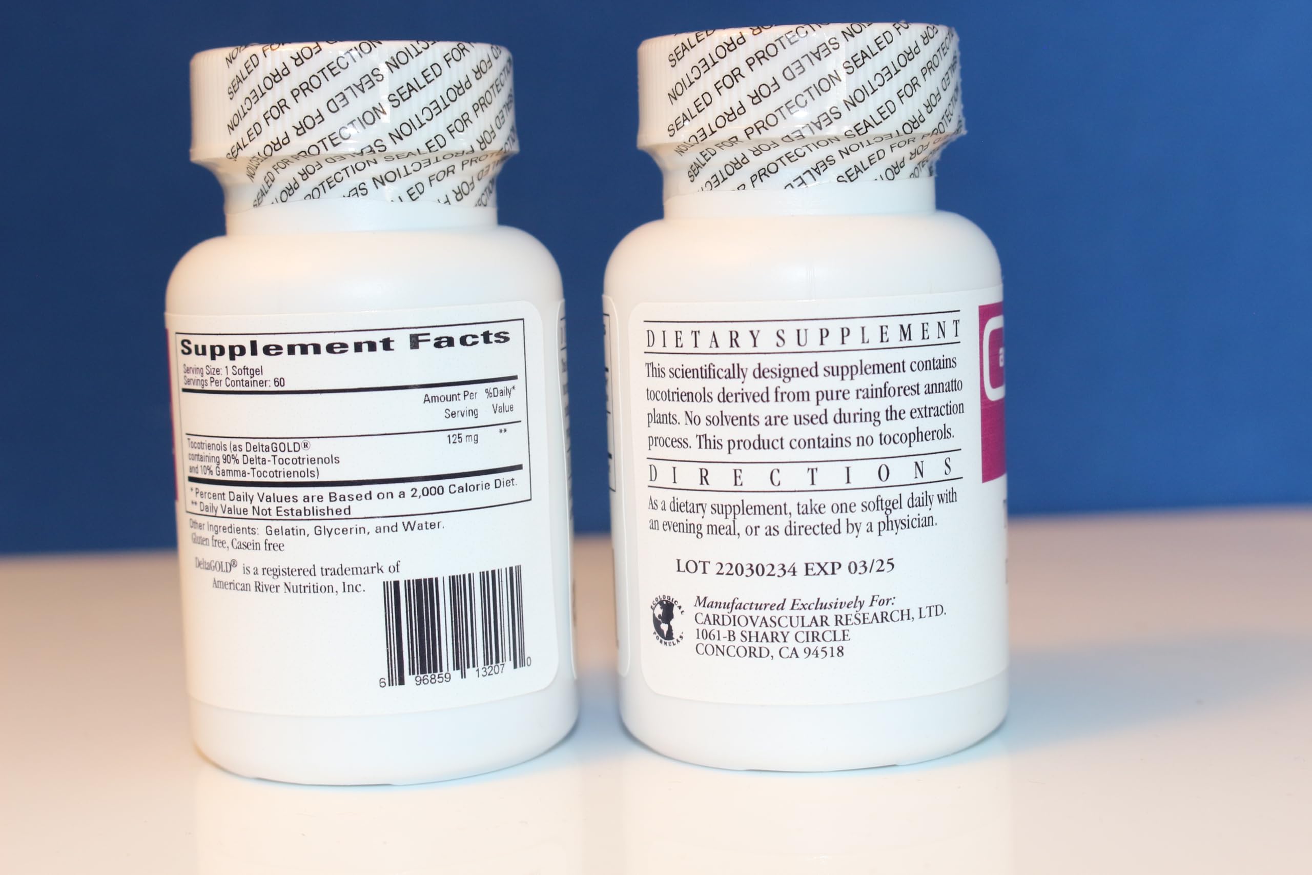 Cardiovascular Research vitamin E annatto tocotrienols bottle back lists directions and purity checks.