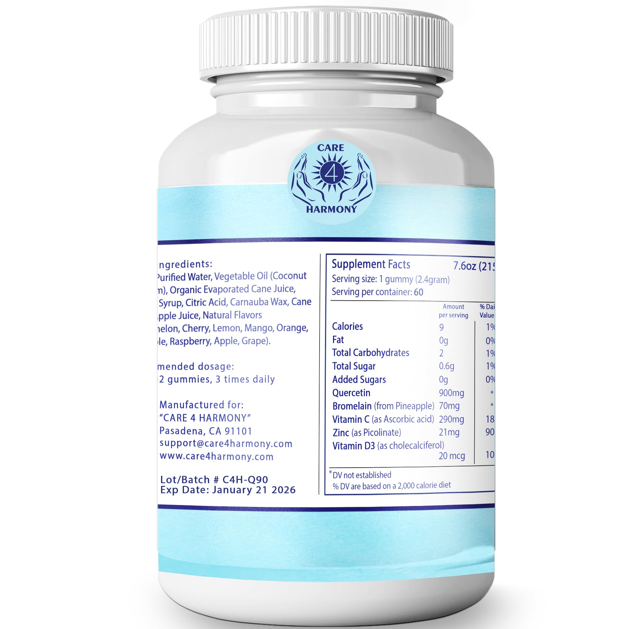 Care 4 Harmony immune-support gummies jar with vegan, pectin-based formula