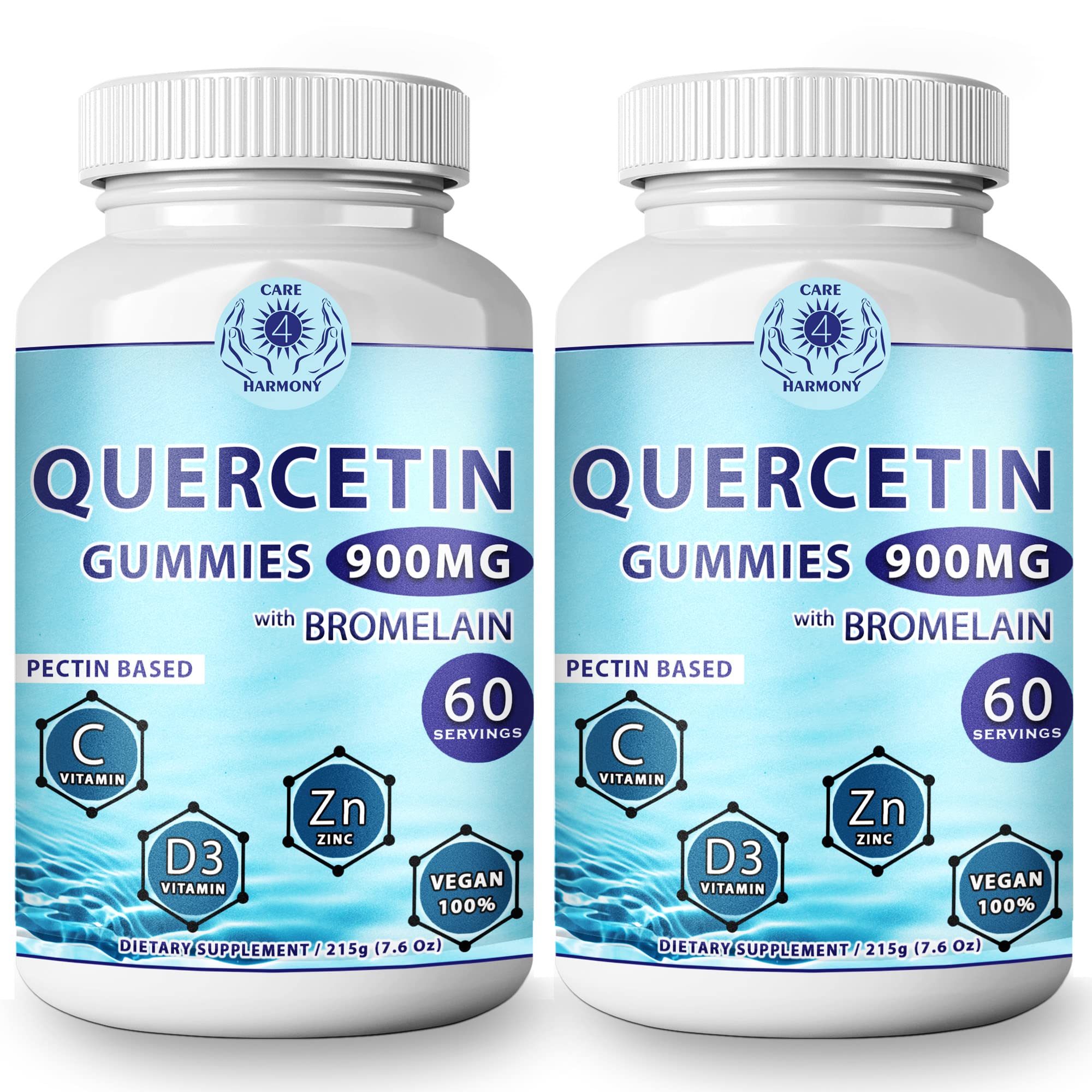 CARE 4 Harmony Quercetin Gummies bottle with label, easy immune support for daily wellness.