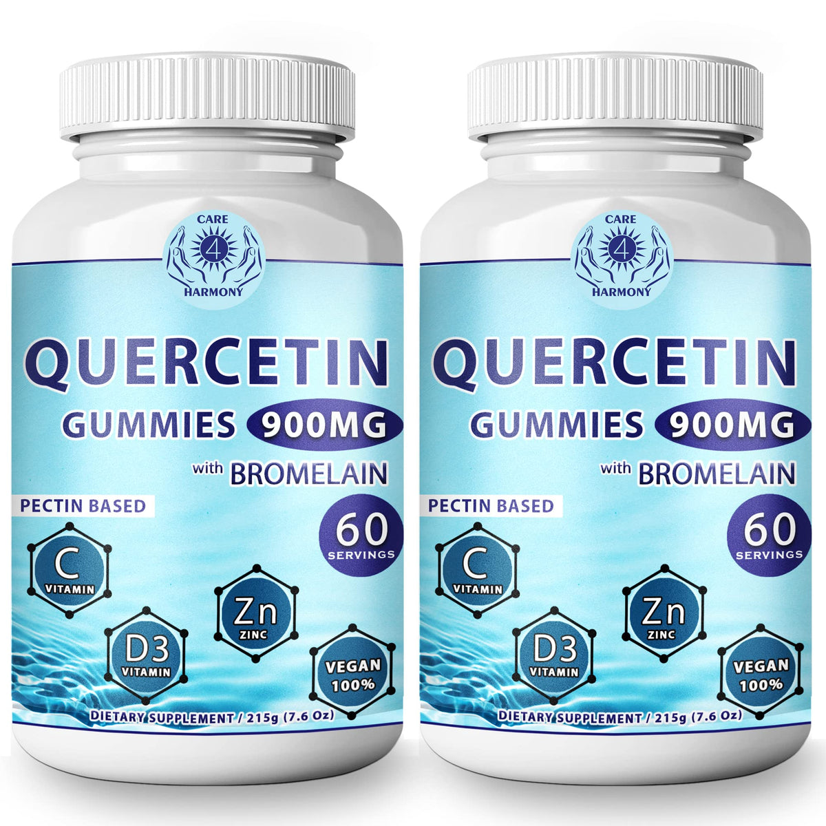 CARE 4 Harmony Quercetin Gummies bottle with label, easy immune support for daily wellness.