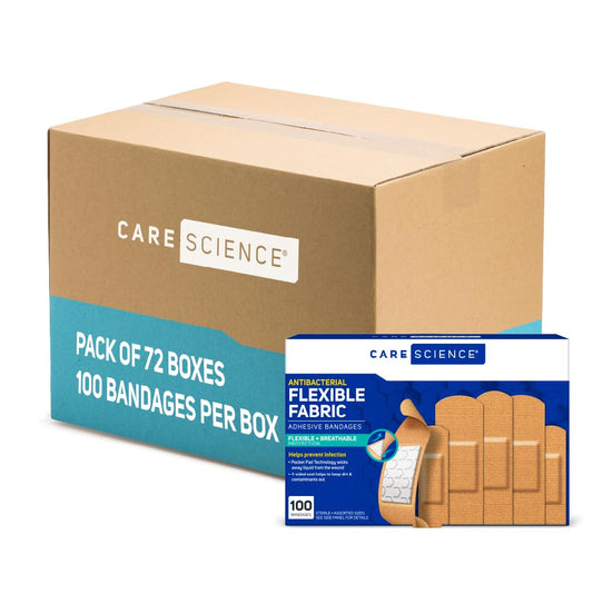 Care Science antibacterial fabric bandages in assorted sizes provide flexible, breathable protection.