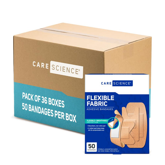 Care Science Fabric Bandages box pack with assorted sizes for versatile protection.
