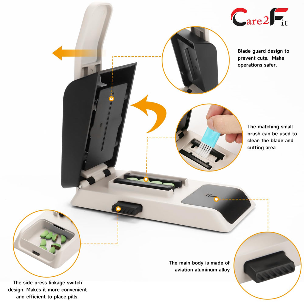 Care2fit 2025 Auto Centering Pill Cutter blade detail highlights sharp, durable blade.