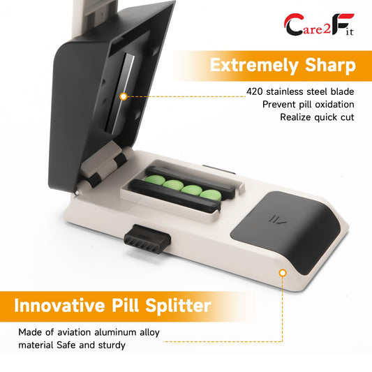 Care2fit 2025 Auto Centering Pill Cutter side-handled design reduces strain.