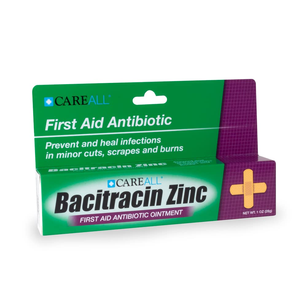 CareAll Bacitracin Zinc Ointment label shows NDC and expiration details.