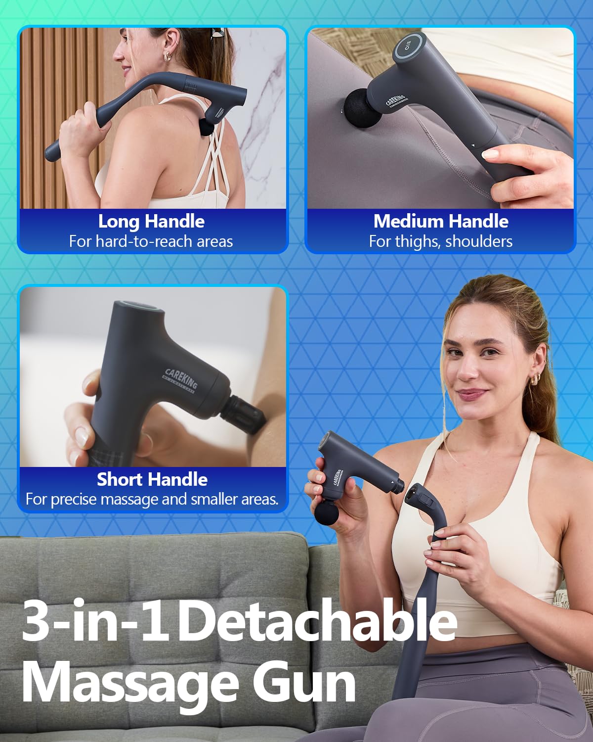 CAREKING ergonomic extension handle depicted for thigh massage versatility.
