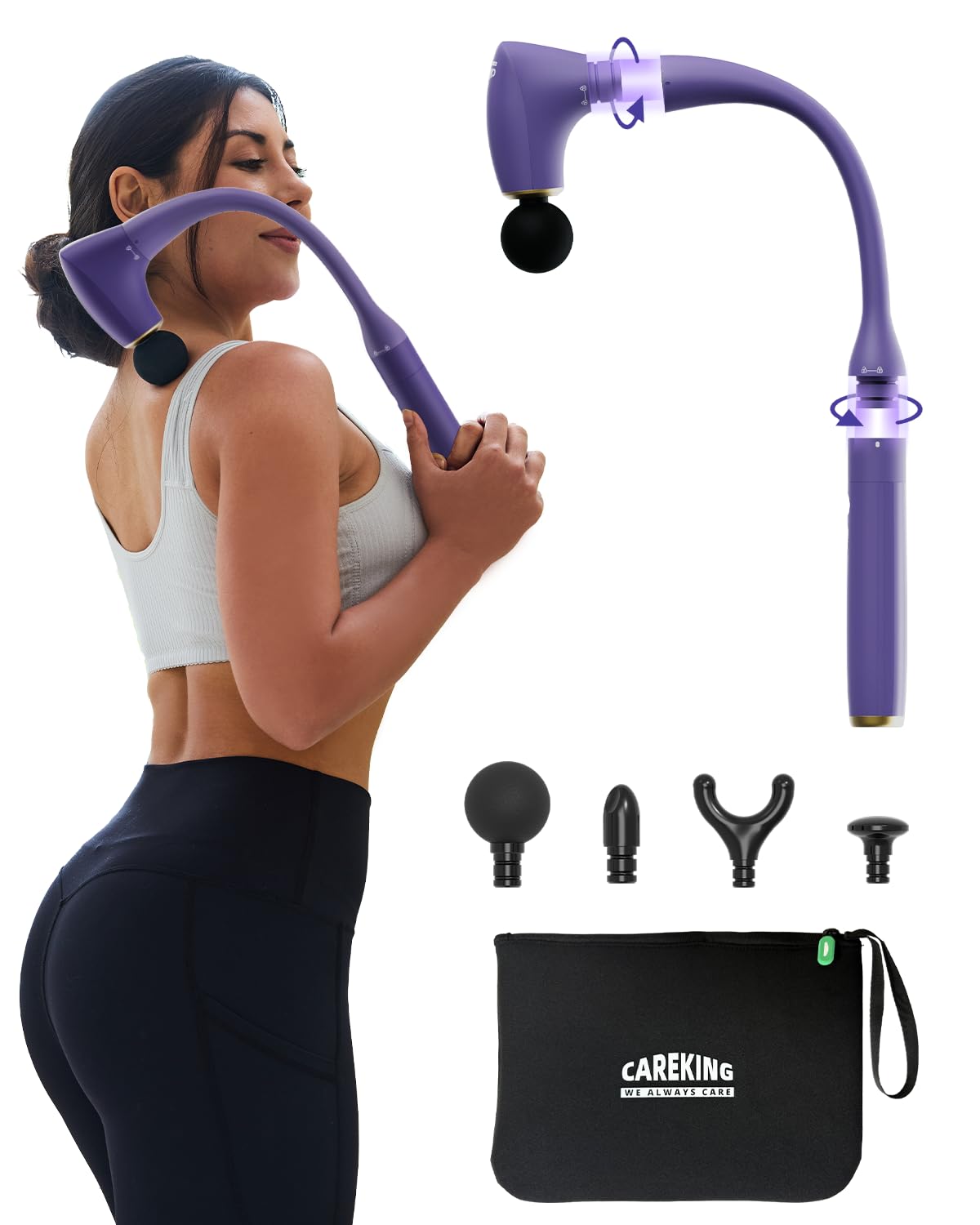 CareKing massage gun with extendable handle enables back reach and self massage.