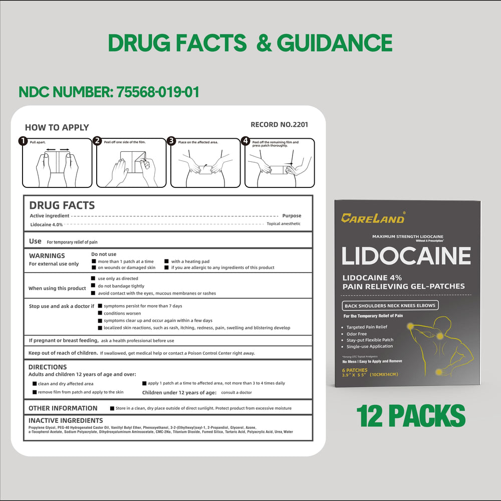 CareLand lidocaine patch on the back provides long-lasting relief during daily tasks.