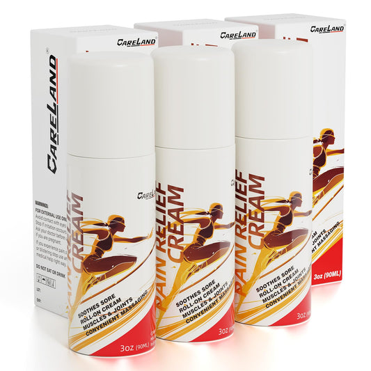 Careland pain relief roll-on packaging designed for on-the-go use and quick access.