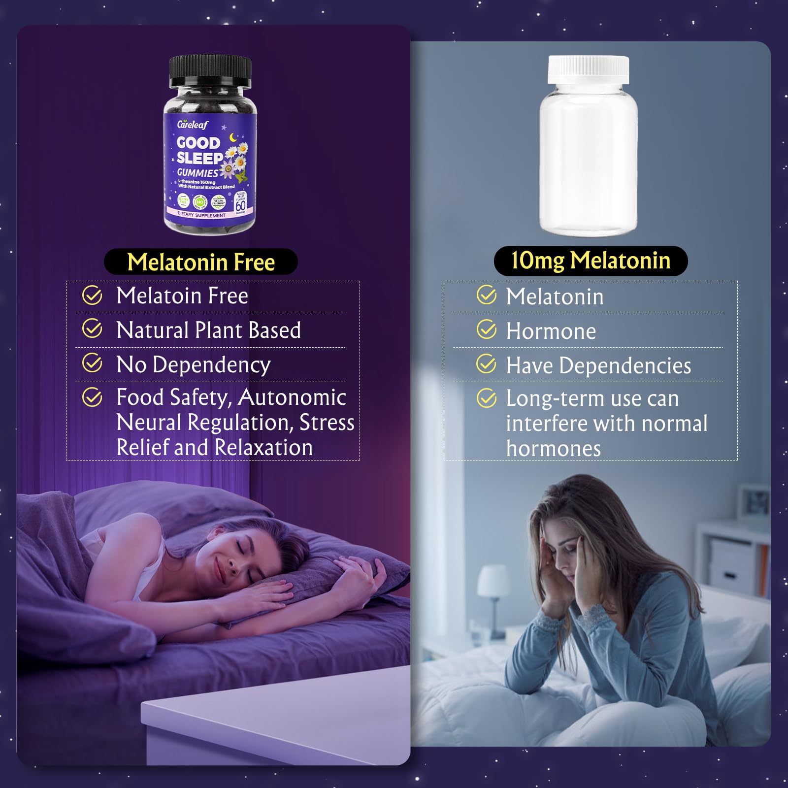 careleaf Sleep Gummies bottle on nightstand in dim light