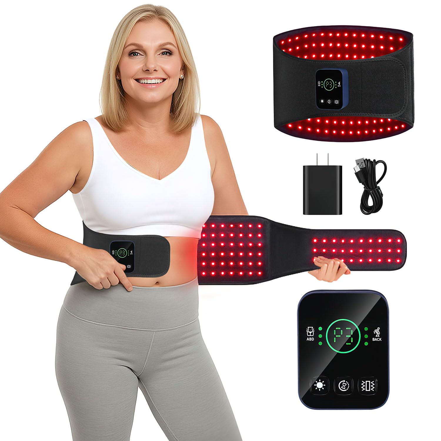 CAREMORR cordless red light belt front view for portable therapy