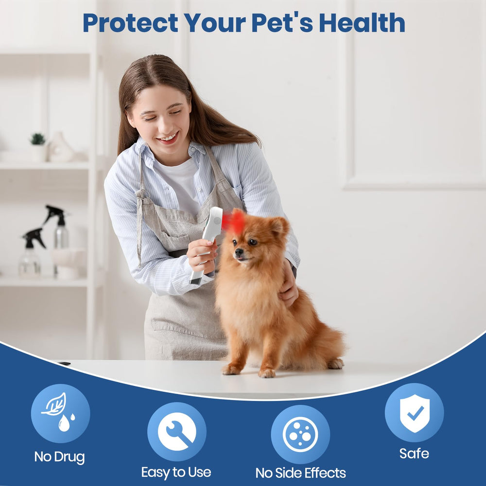 CAREMORR portable red-light device used on a pet for comfort support.