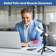 CAREMORR red-light therapy device mounted on stand for hands-free sessions.