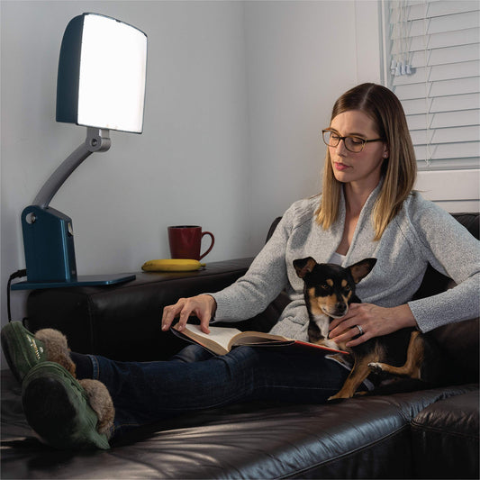 Carex Day-Light Sky height-adjustable stand enables comfortable desk placement.