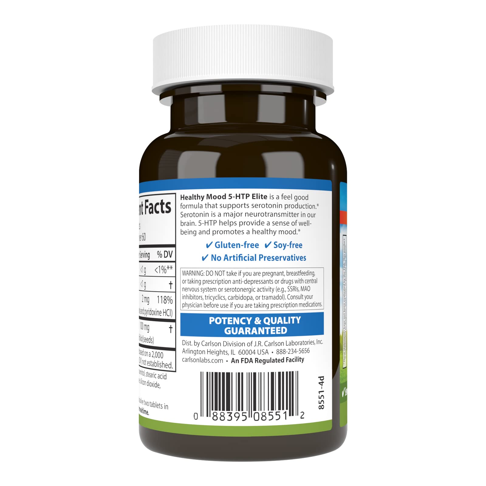 Carlson 5-HTP Elite tablets close-up to convey quality.