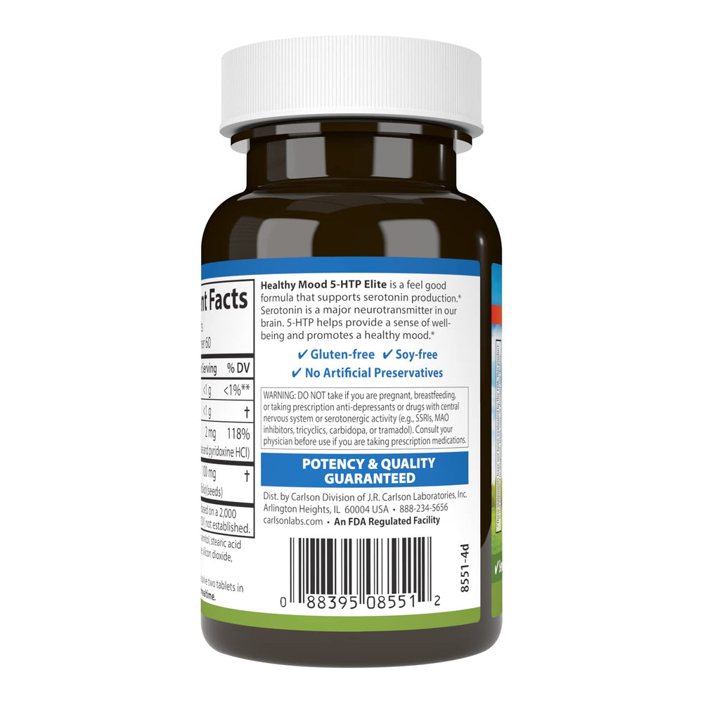 Carlson 5-HTP Elite tablets close-up to convey quality.