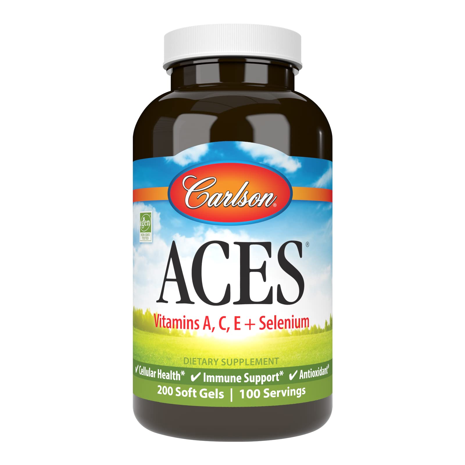 Carlson ACES bottle front view promotes daily immune support and antioxidant-friendly supplementation