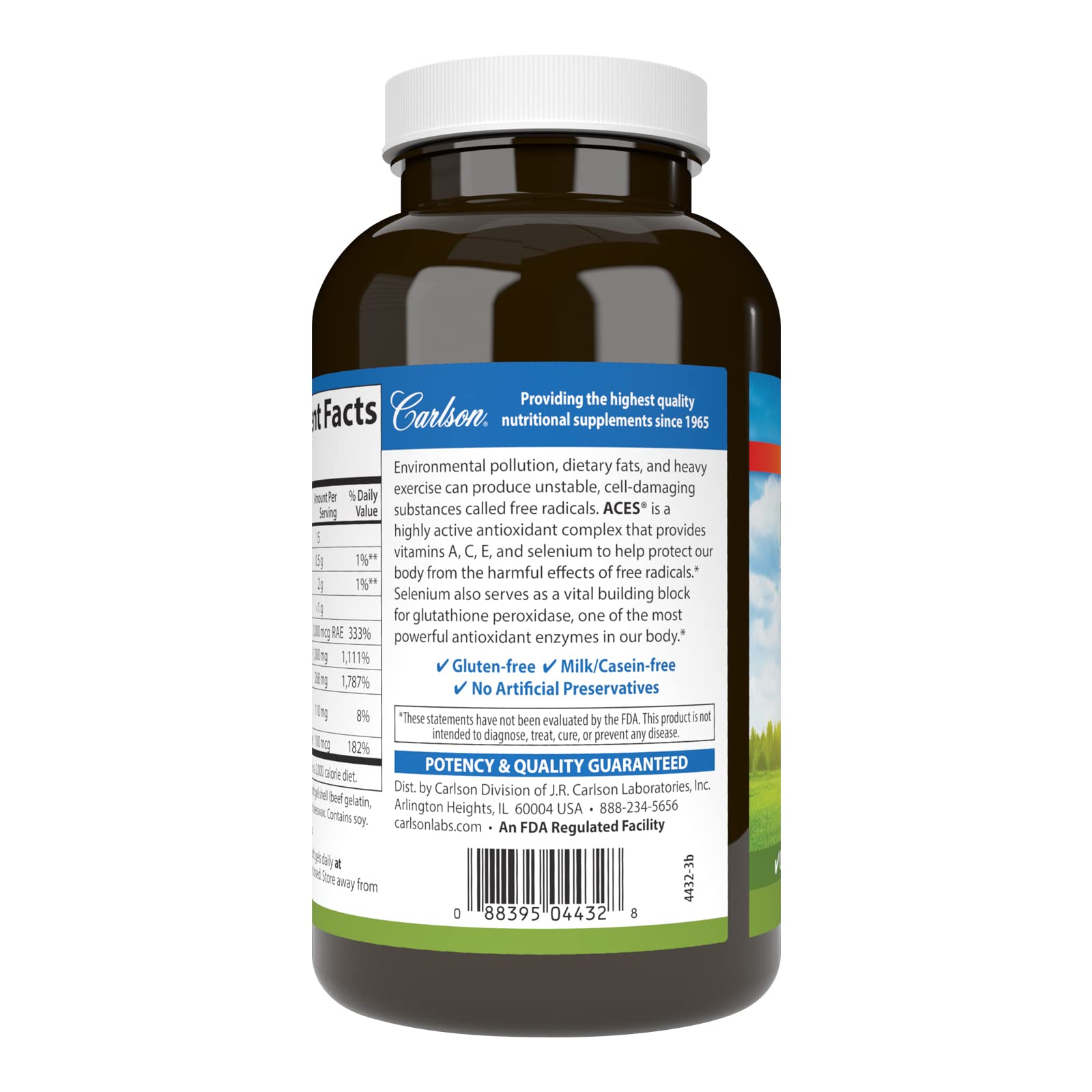 Carlson ACES ingredients panel displays vitamins A, C, E and selenium for cellular health