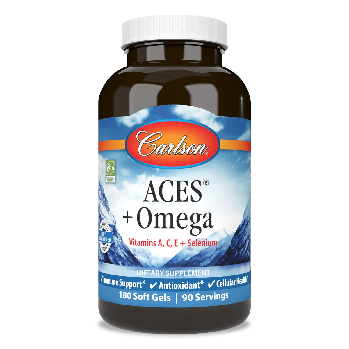 Carlson ACES + Omega bottle pour for easy daily omega-3 support.