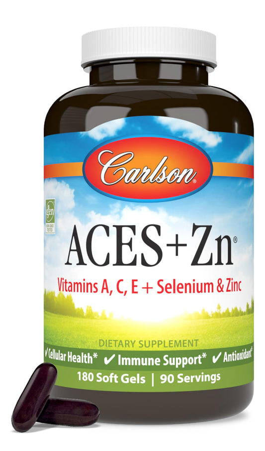 Carlson ACES + Zn bottle front shows antioxidant support for daily wellness.