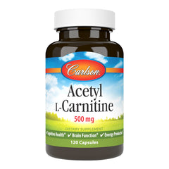 Carlson Acetyl L-Carnitine 500 mg bottle close-up; supports energy production potential.