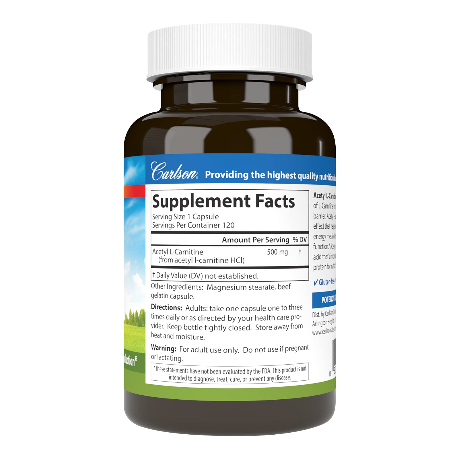 Carlson Acetyl L-Carnitine capsules close-up; convenient daily capsules for busy days.