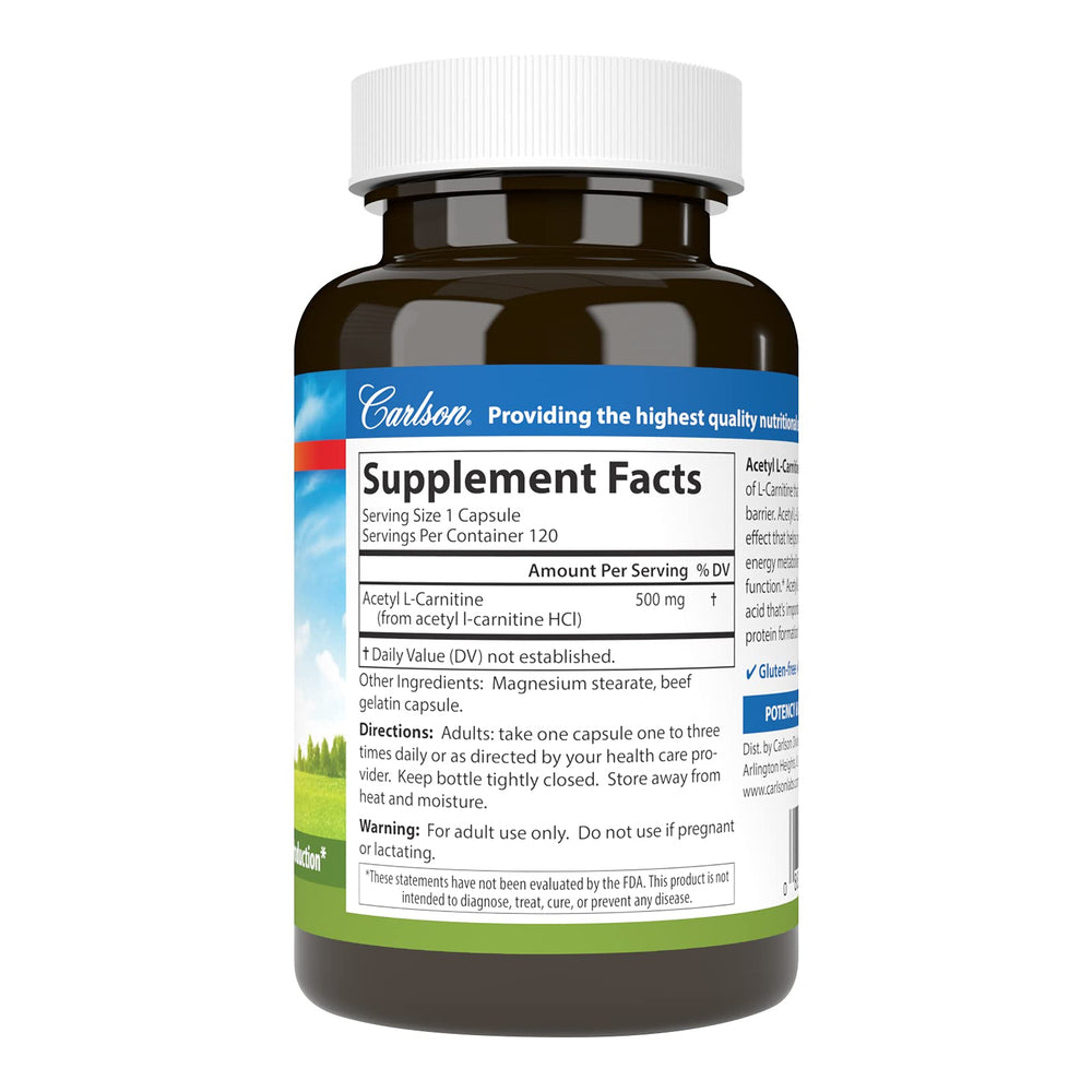 Carlson Acetyl L-Carnitine capsules close-up; convenient daily capsules for busy days.