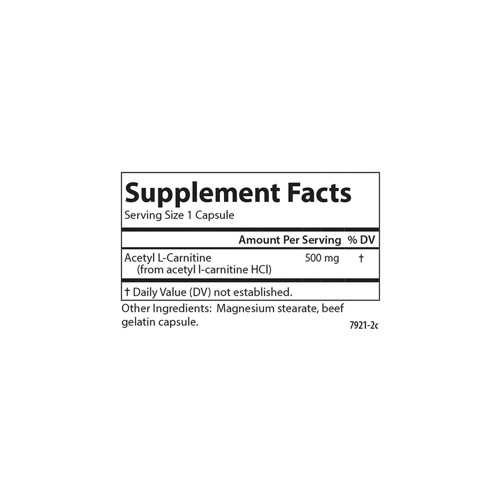 Carlson Acetyl L-Carnitine label detail; clear potency and ingredients at a glance.