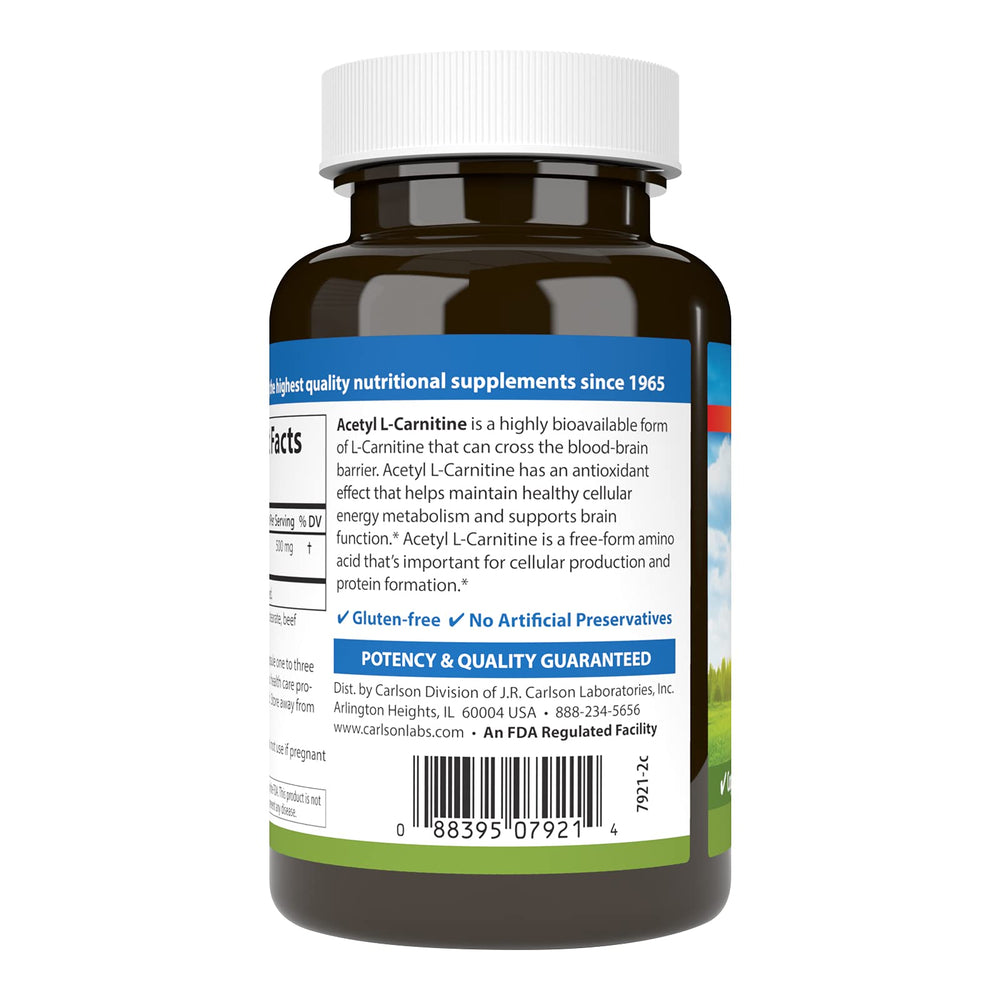 Carlson Acetyl L-Carnitine packaging front; trusted cognitive health support on the go.
