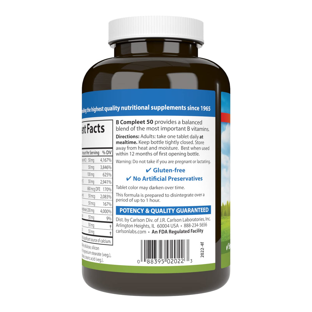 Carlson B Compleet 50 bottle side label with potency and ingredients