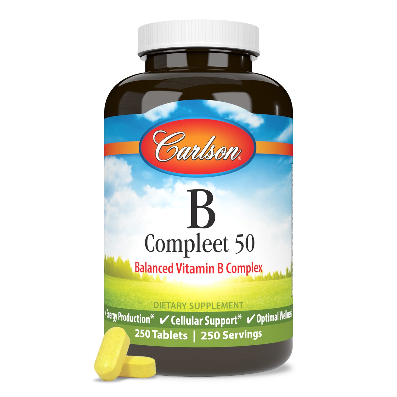 Carlson B Compleet 50 nutrition facts panel focusing on B vitamins