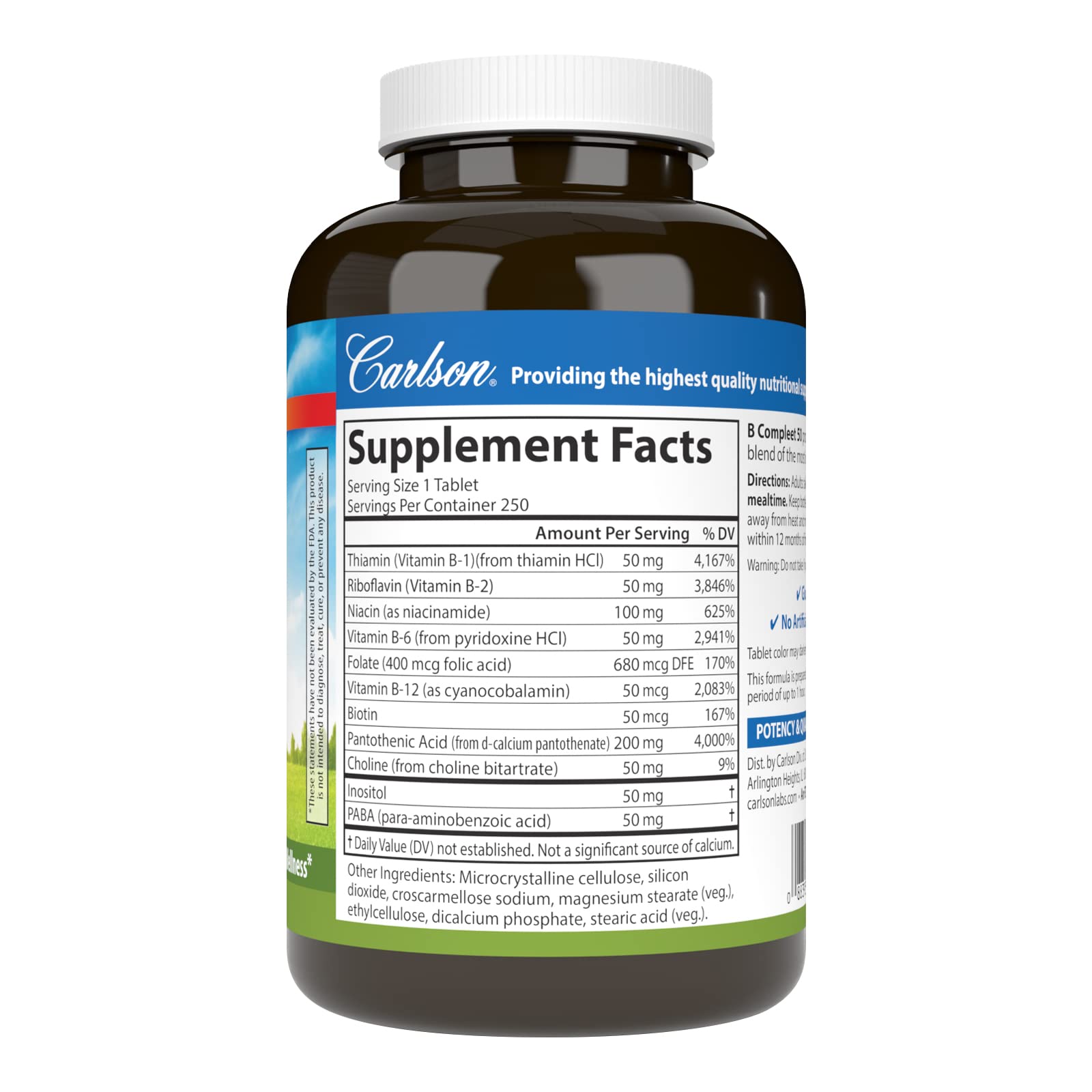 Carlson B Compleet 50 tablets close-up highlighting vitamin B complex