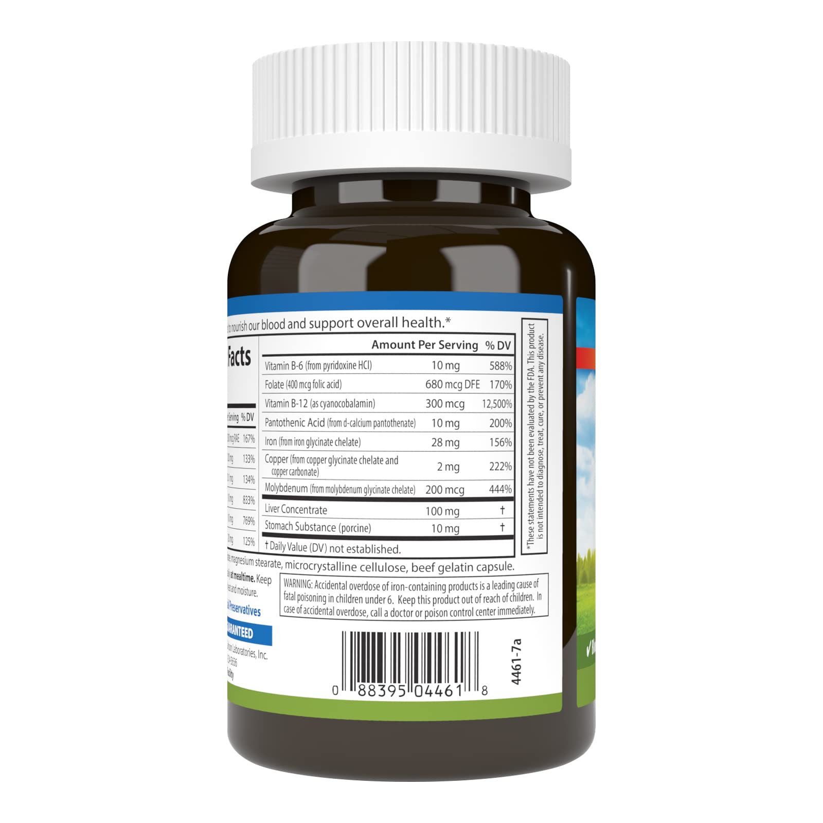 Carlson Blood Nutrients bottle label highlights potency and quality guarantee