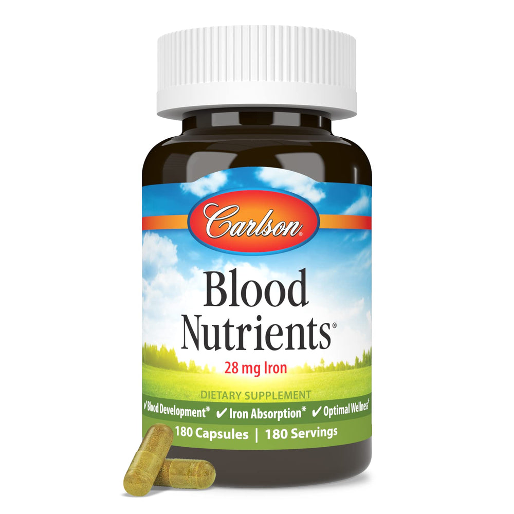 Carlson Blood Nutrients packaging illustrates blood health in daily routine