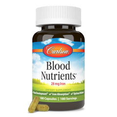 Carlson Blood Nutrients packaging illustrates blood health in daily routine