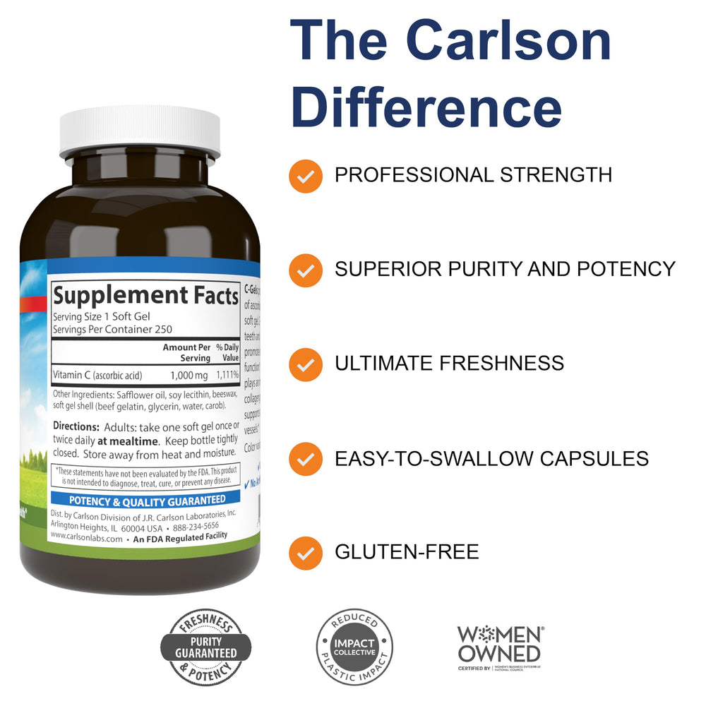 Carlson C-Gels immune support label highlighting vitamin C benefits