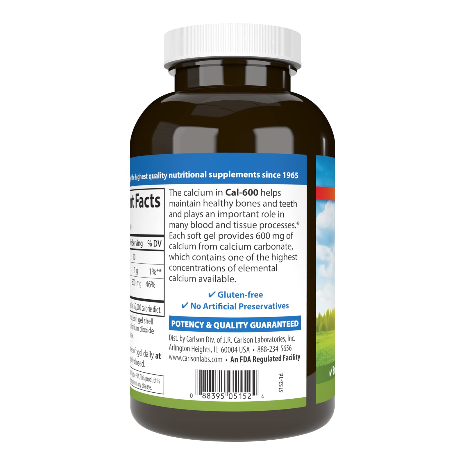 Carlson Cal-600 packaging back highlights potency and quality guarantees