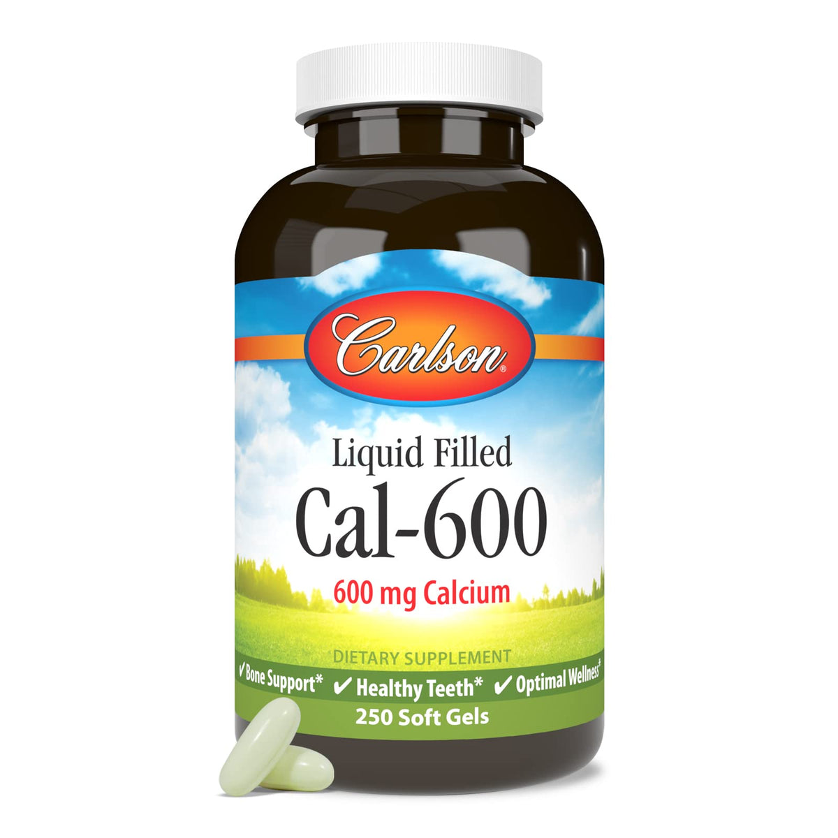 Carlson Cal-600 softgels bottle front view for bone support