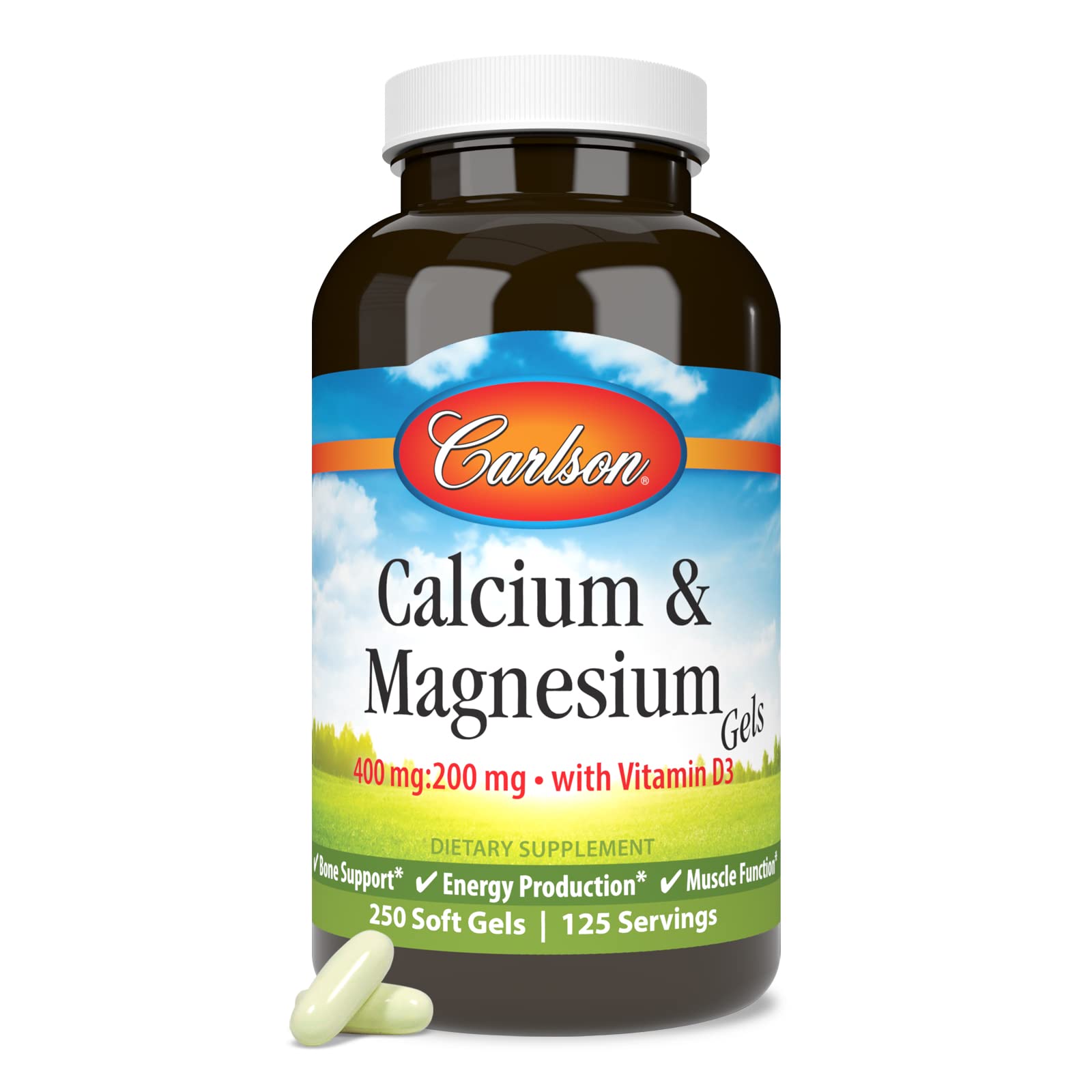 Carlson calcium-magnesium gels bottle highlighting daily bone support.