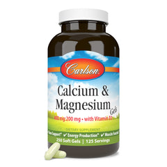 Carlson calcium-magnesium gels bottle highlighting daily bone support.