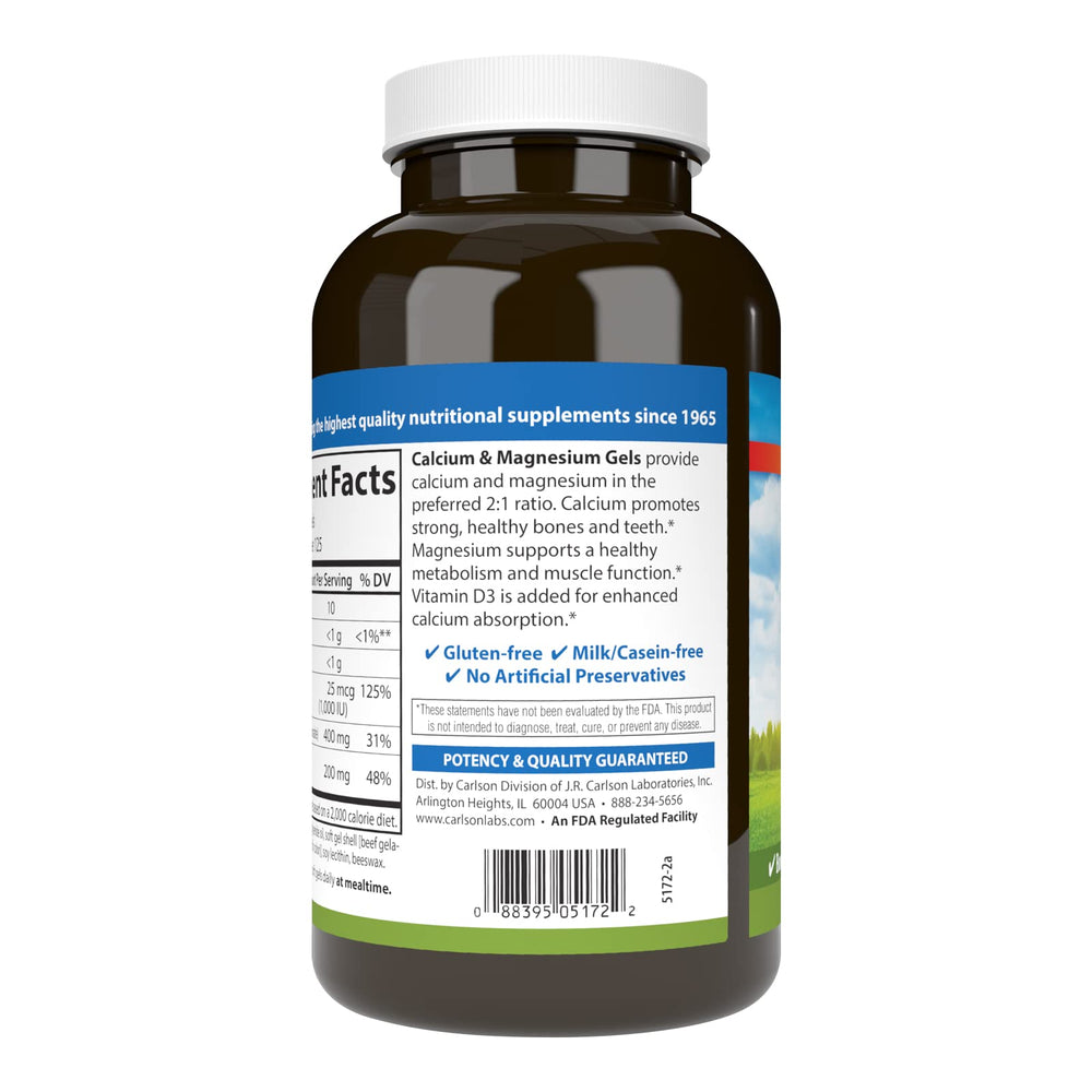 Carlson calcium-magnesium gels on shelf ready for daily wellness.