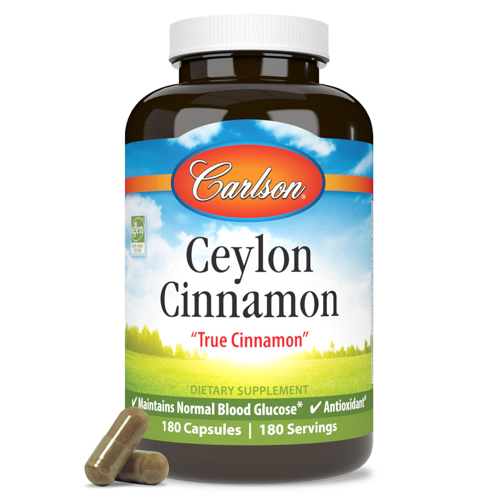 Carlson Ceylon Cinnamon capsules in a 180-count bottle for easy daily supplementation.