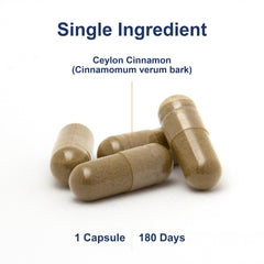Side view of Carlson Ceylon Cinnamon capsules ready to take.