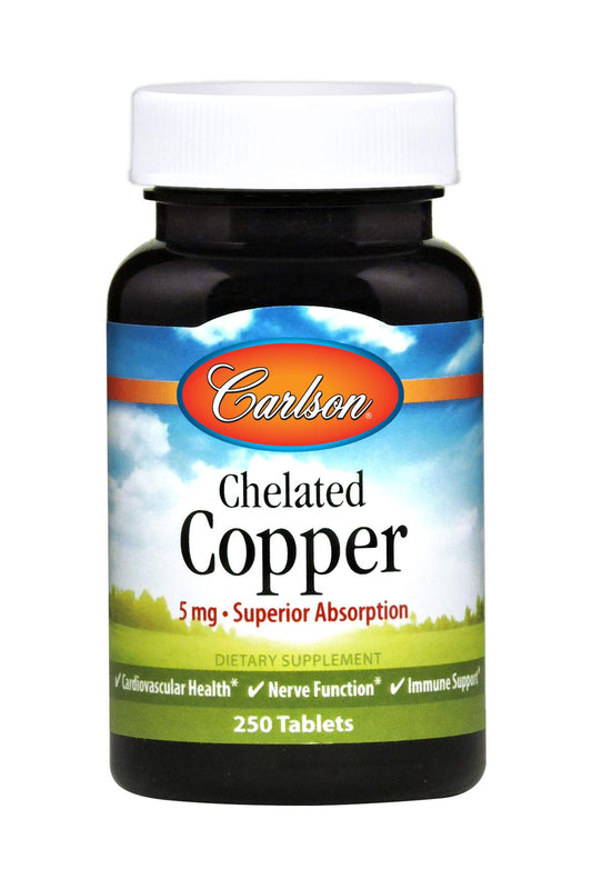 Carlson Chelated Copper 5 mg bottle promotes circulation and nervous system support.