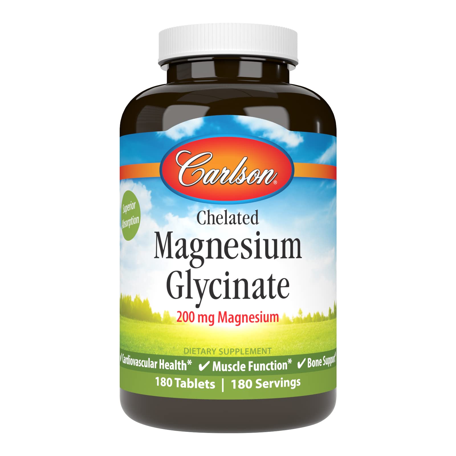 Carlson Chelated Magnesium 200 mg tablets in a bottle support nerve and muscle function.
